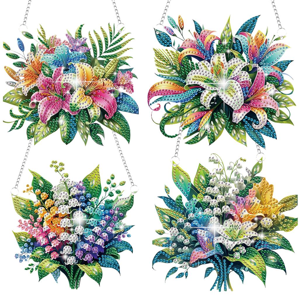 4pcs Flower Animal DIY 2D Flat Diamond Painting Kits Hanging Diamond Art Kits Diamond Art Pendant for Home Decoration and Gift
