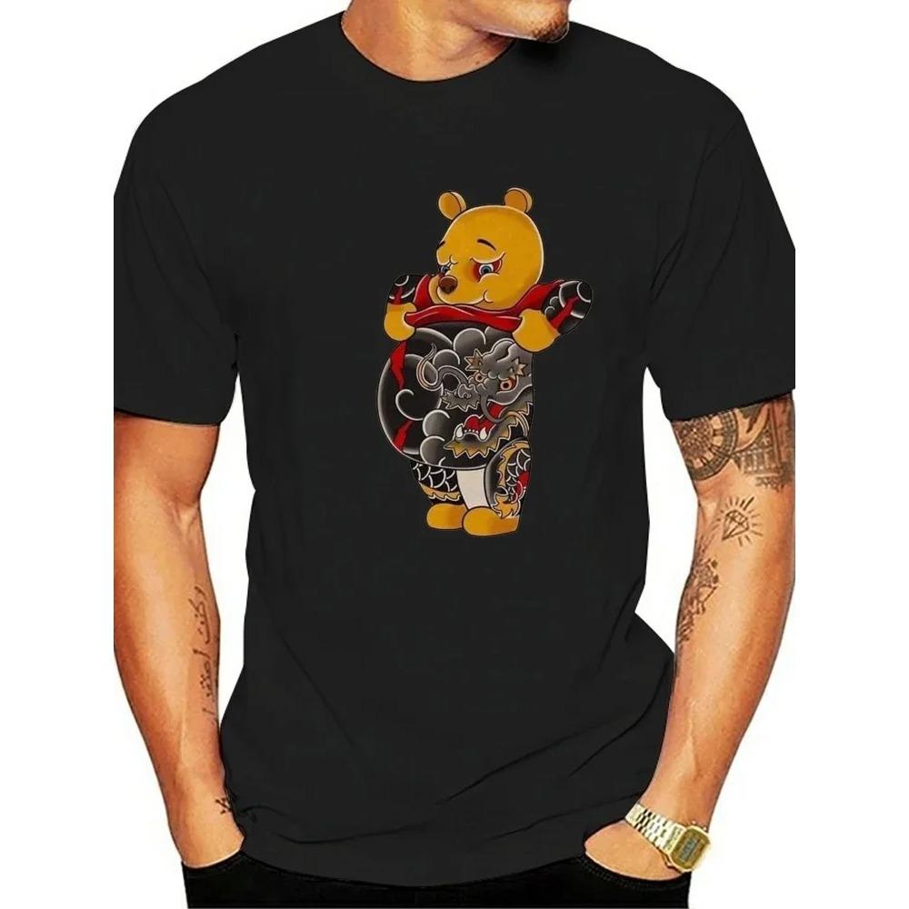 T-shirt in modal con gatto e orso Genki giapponesi con tatuaggio di drago, girocollo, maniche corte, traspirante, comoda
