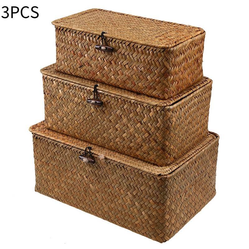3pcs Handcrafted Grass Woven Storage Box With Lid Lock Gifts Xmas Hamper Basket