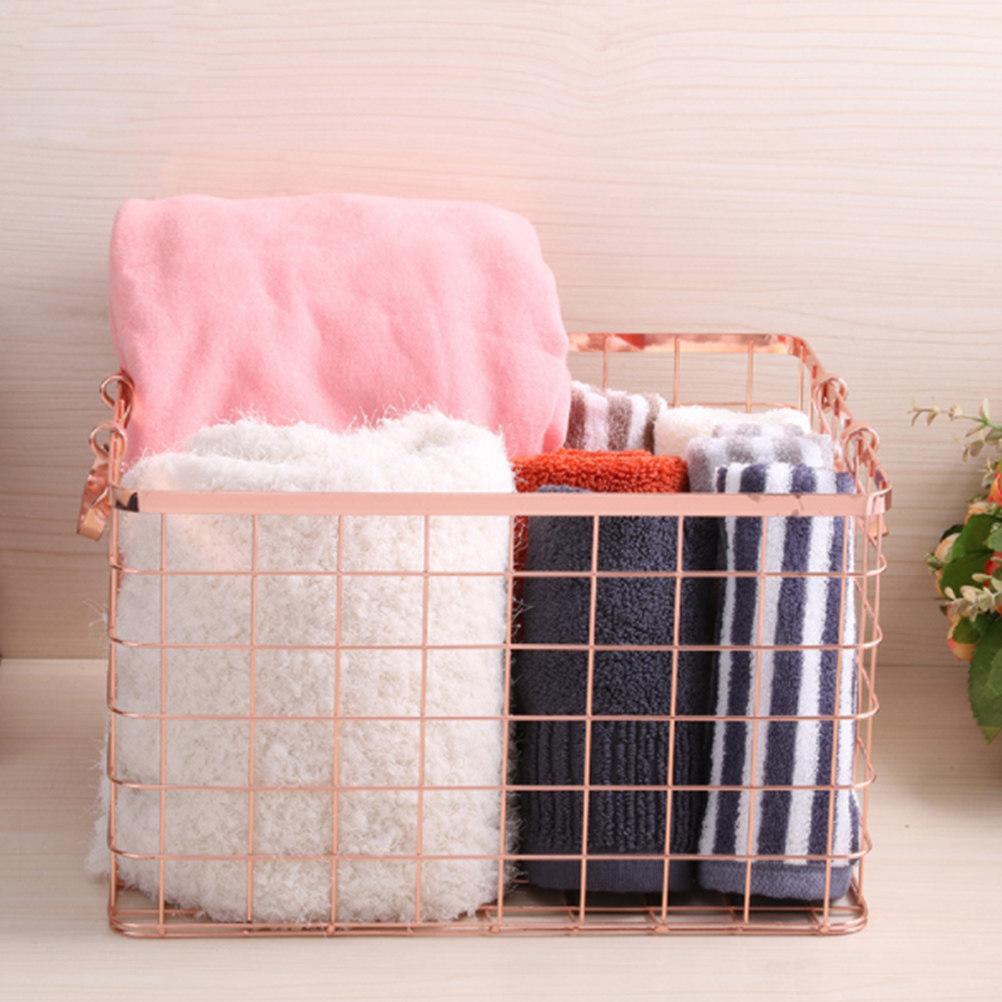 1Pcs Iron Storage Basket Nordic Style Rose Gold Laundry Towel Organizer Multi-Purpose Household Container for Kitchen Desktop 28X22X15CM
