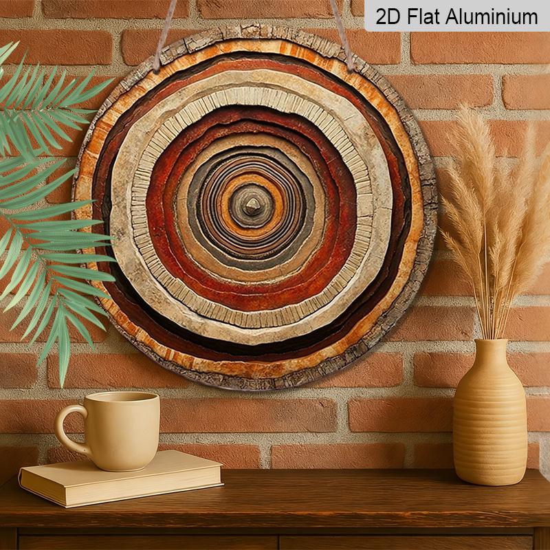 2D Flat, 1pc Round Aluminum Sign In 2D Style, Showcasing Circular Wooden Ring Artwork, Perfect for Cabin, Farmhouse, Living Room, Patio, Garden