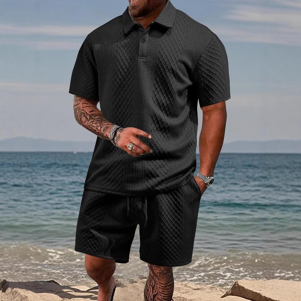 Summer Men's Casual Sportswear Polo Shirt With A Lapel Men's Short-sleeved Shirt And Shorts, Jacquard Texture Suit
