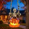 Funny Desktop Figurine Swing Skeleton with Lighted Pumpkin Light-up Ornament Halloween Night Decoration Hanging Statue for Indoor Front Porch Decor