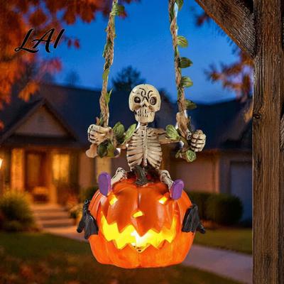 Funny Desktop Figurine Swing Skeleton with Lighted Pumpkin Light-up Ornament Halloween Night Decoration Hanging Statue for Indoor Front Porch Decor