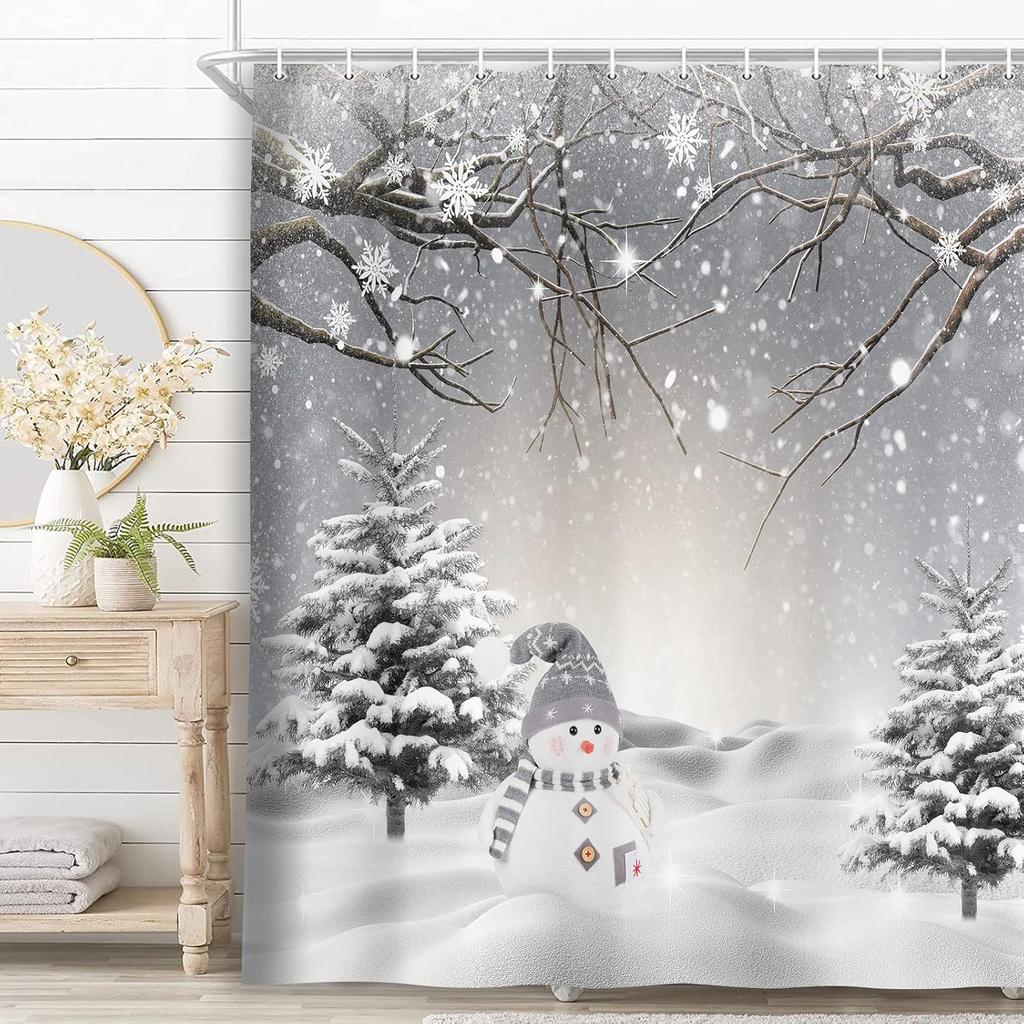 JAWO Winter Christmas Shower Curtain, Cute Snowman Snowflake Scene Shower Curtains for Bathroom, Pine Tree Covered Snow Fabric Bath Curtains Set with