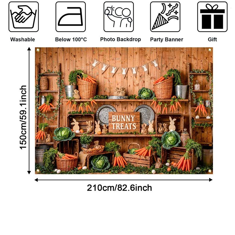 LS Photography Background Spring Easter Carrot Cute Bunny Green Plants Wooden Wall Kids Family Portrait Backdrop Decor