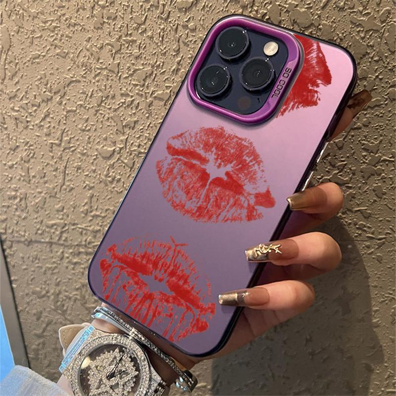 Red Lip Pattern Electroplate Silver IMD Phone Case For iPhone 16 Pro Max 11 12 13 14 15 7 8 Plus X XS XR Shockproof Back Cover