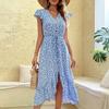 Floral Print High Waist V Neck Dress with Irregular Flying Sleeve for Women
