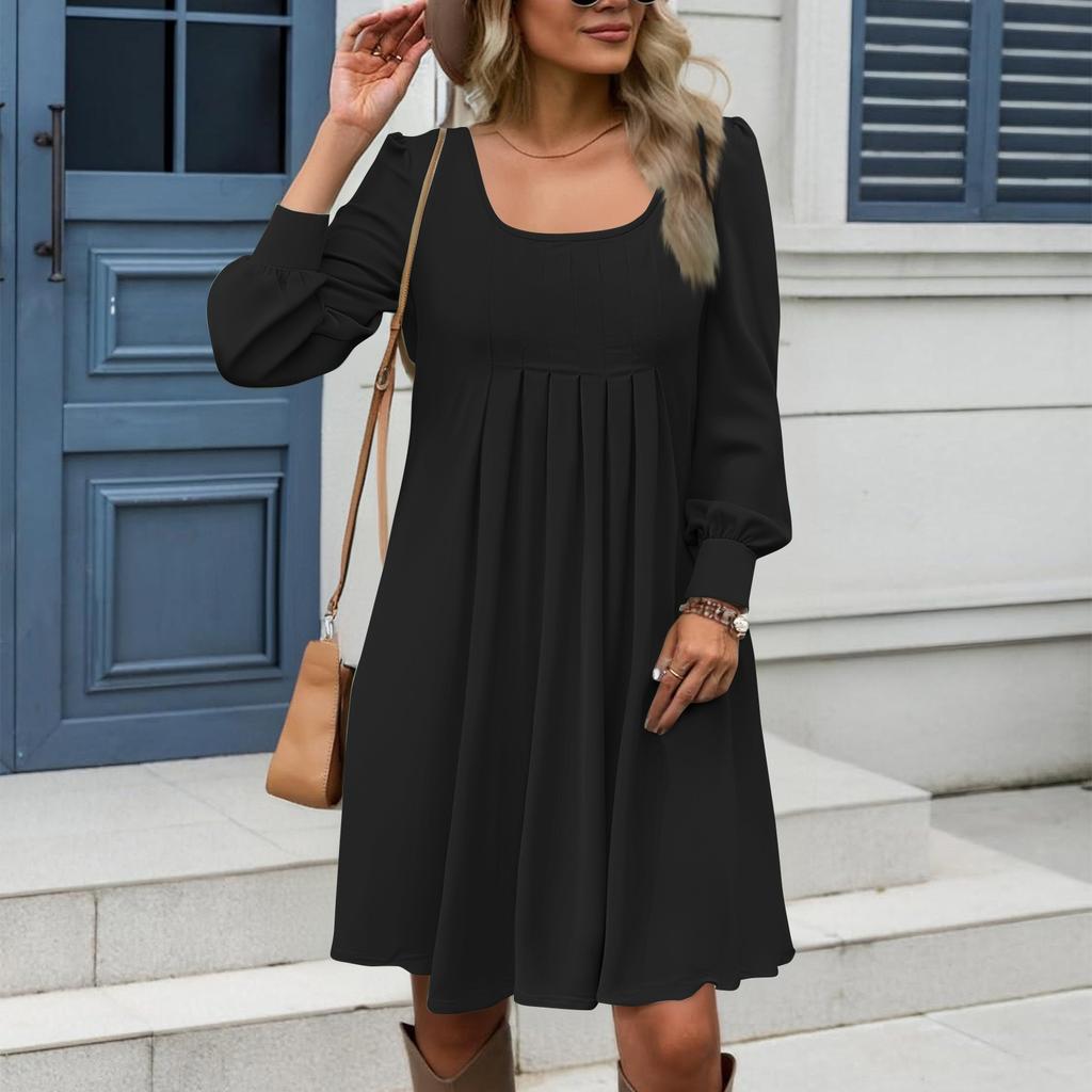 Women's Loose Square Neck Casual Long Sleeve Solid Color Pleated Dress