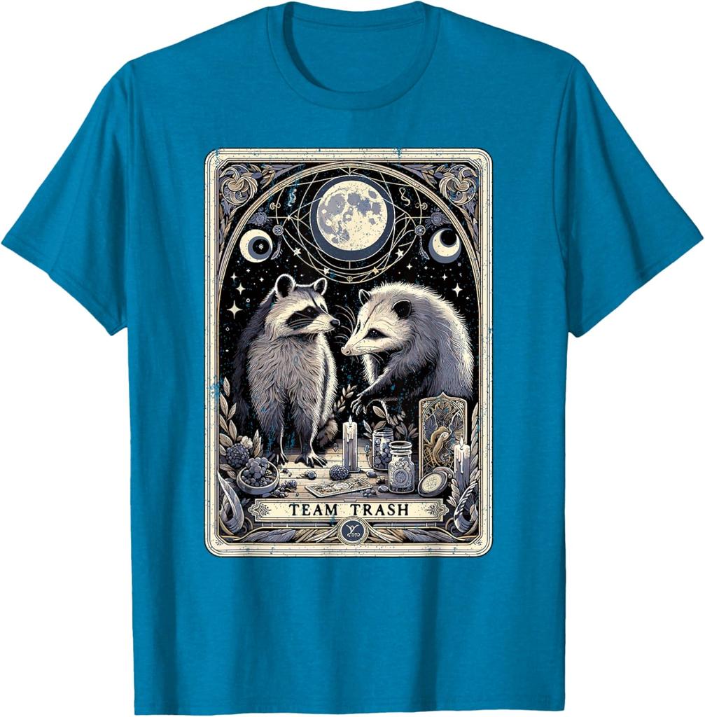Team Trash Raccoon Opossum Tarot Card Graphic Print Cotton Short Sleeve T-Shirt Casual Trip