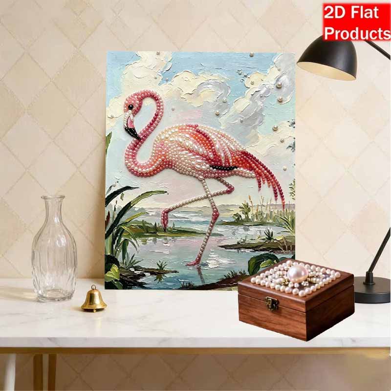 Pink Flamingo Pearl Art Painting with Frame Shiny Bead Canvas Creative Leisure Craft for Modern Wall Decor Gift Home Ornament Wall Art DIY