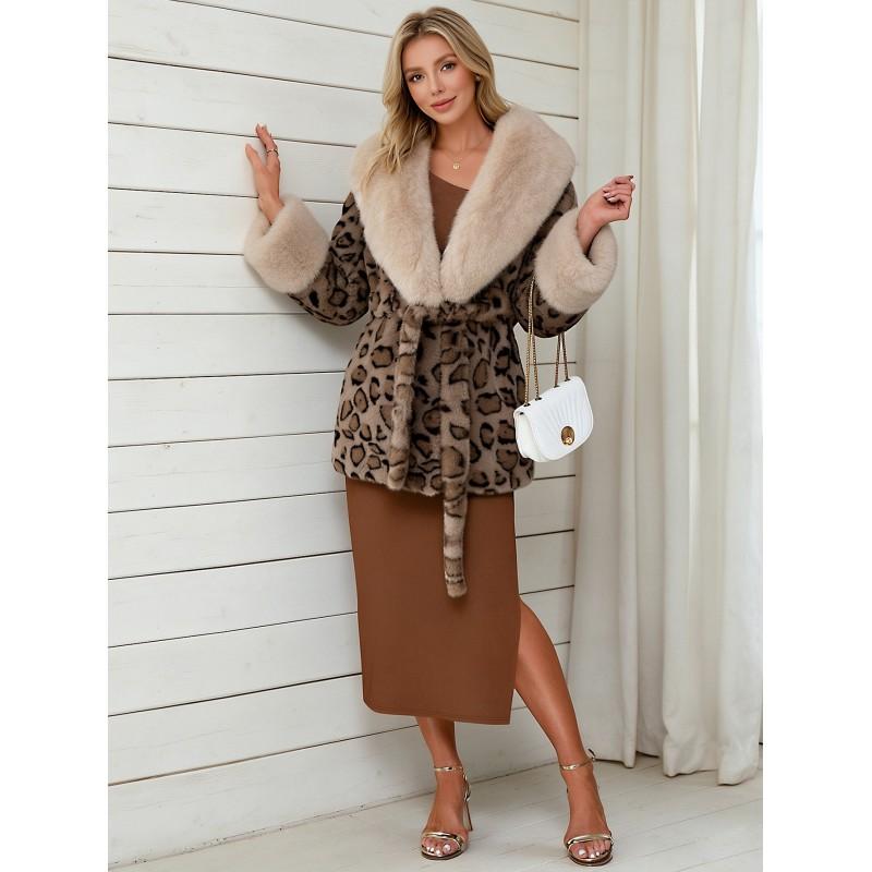 Womens Short Faux Fur Coat Leopard Print Belted Warm Leather Plush Outerwear