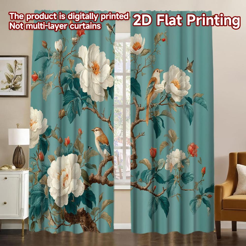 

Set Of 2 Flat Printing Curtains Without Rod Spring Blossoms Birds Popular Print Polyester Blessing Made W100*H70(CM)-Grommet top&2PCS