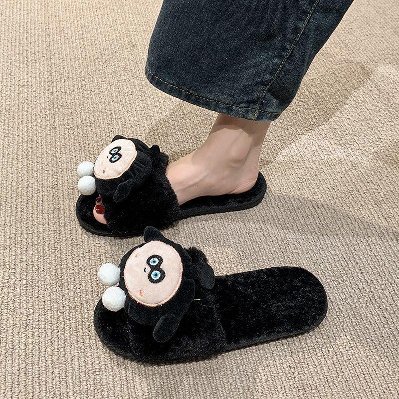 Home egg boy plush casual one-word cotton slippers women 2025 autumn and winter cute cartoon fluffy slippers women