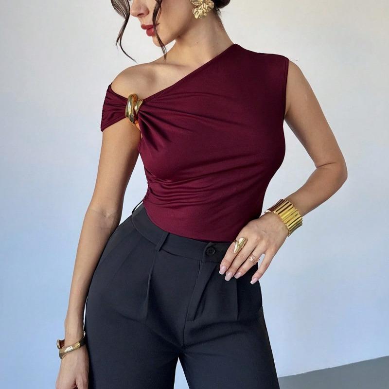 Temperament eenvoudig mouwloos metalen ringontwerp effen kleur dun vest top dames