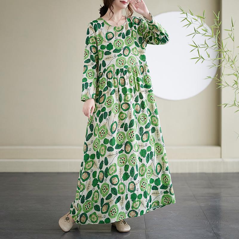Dress A Variety of Color Holiday Style Travel Round Neck Vintage Flesh-covered Cotton Hemp Long Dress