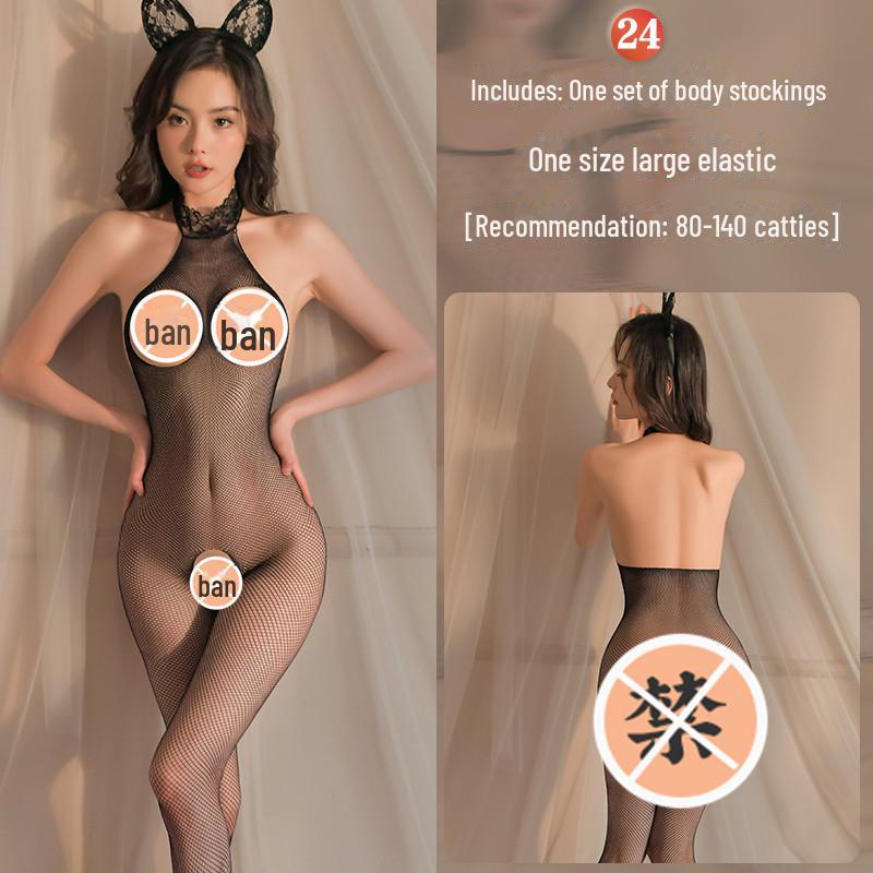 Erotic Black Mesh One-Piece Lingerie Set with Open Stockings - Tempting and Sexy