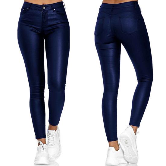 Women Pants Faux Leather Slim Casual Solid Color High Waist Elastic Small Feet Pants for Club