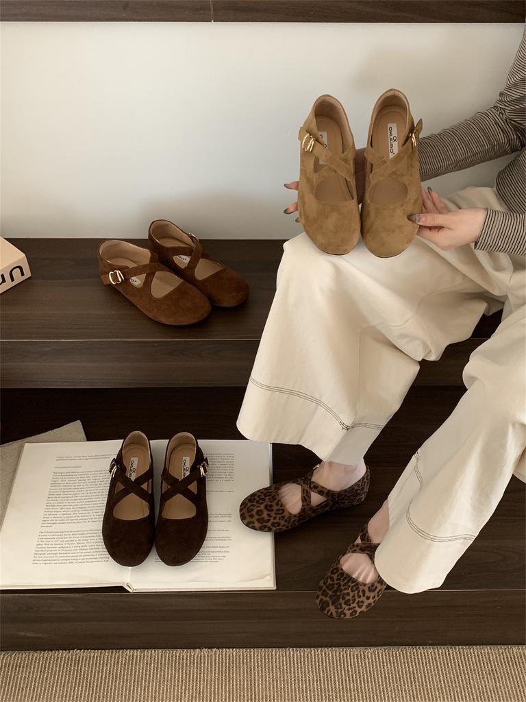 Flat Mary Jane Shoes Women's Shoes Spring and Autumn 2025 New Niche Leopard Print Cross Buckle with Round Head Retro Single Shoes