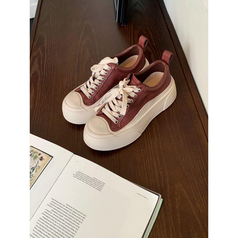 Cowhide version~ Versatile round head casual sports board shoes inner height increase thick sole old white shoes women