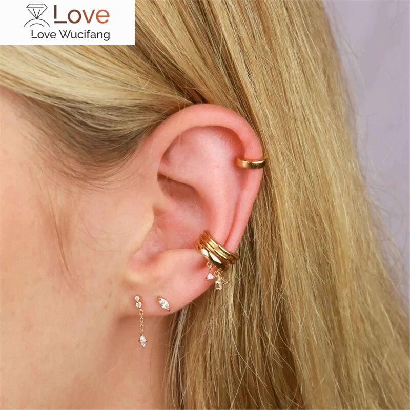 1pc 925 Sterling Silver Gold Plated Zircon Pendant Non -Pierced Ear Cuff Clip On Ear Earrings For Women Jewelry Pendientes