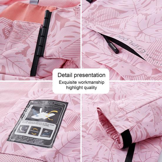 מעיל נשים חיצוני מעיל רוח שכבתי אחת עמיד למים הדפס עלים נושם שרוול ארוך כיסי רוכסן עם ברדס