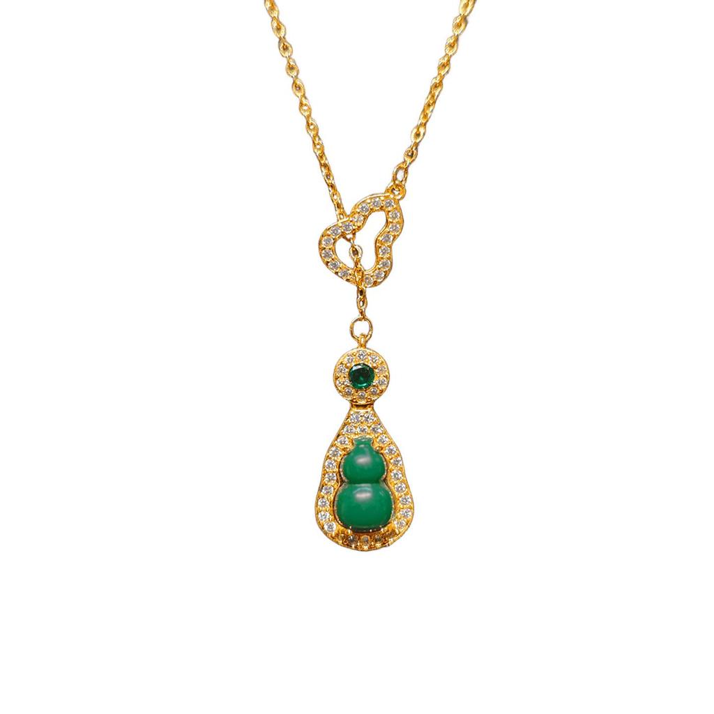 Chinese-Style Emerald Gourd Pendant with Imitation Gold and Diamante Inlay Clavicle Chain for Women