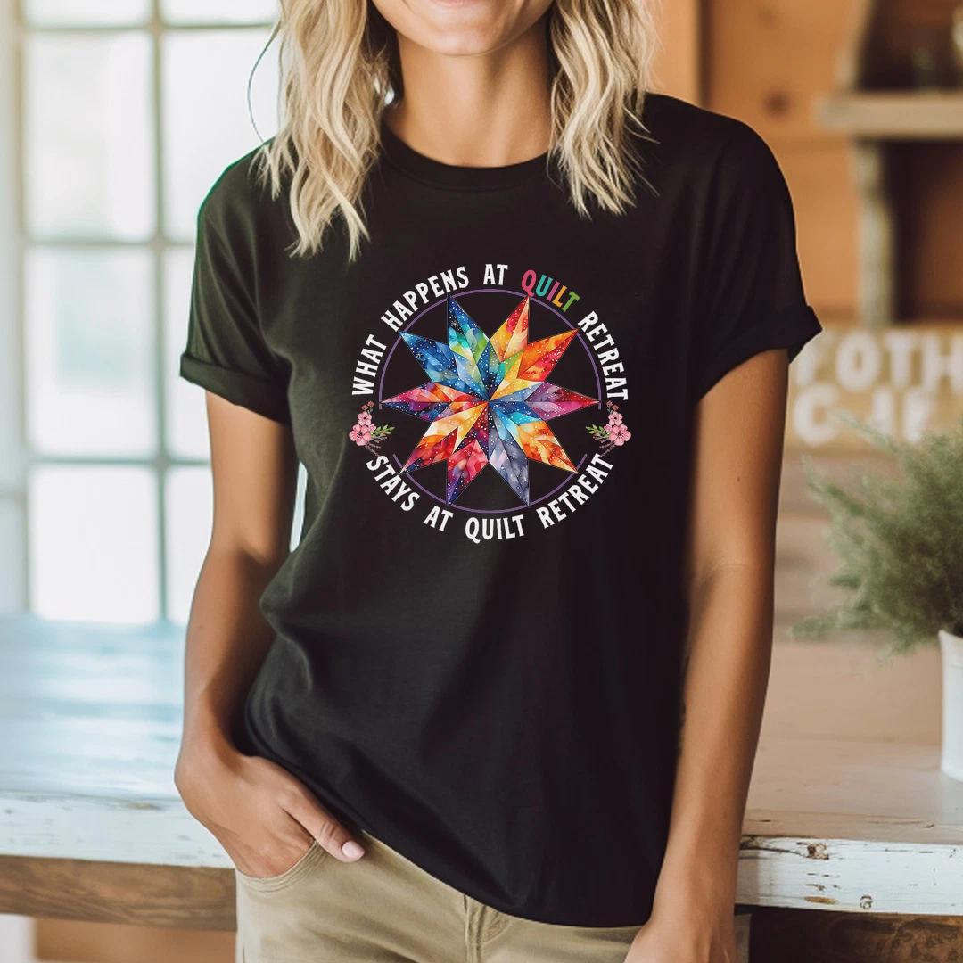 Funny Quilting Sewing What Happens at Quilt Retreat Quilter T-Shirt 3XL