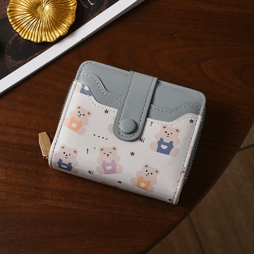 Cute PU Leather Short Wallet Cute Bear Design Multiple Card Slots Zippered Coin Pocket Snap Button Card Holder Girls