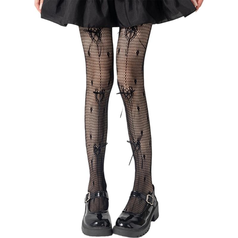 Women's Fishnet Stockings with Bowtie Girls Fish Net Tights with Designs High Waist Pantyhose Thigh High Stockings