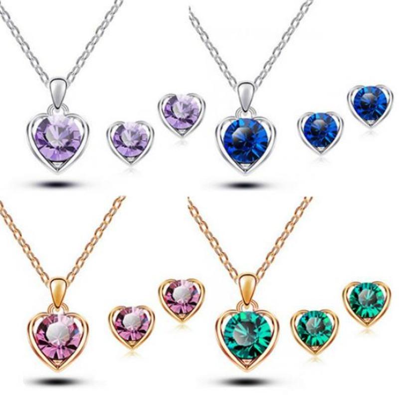 Women's Fashion Jewelry Heart Pendant Necklace Ear Studs Earrings Set