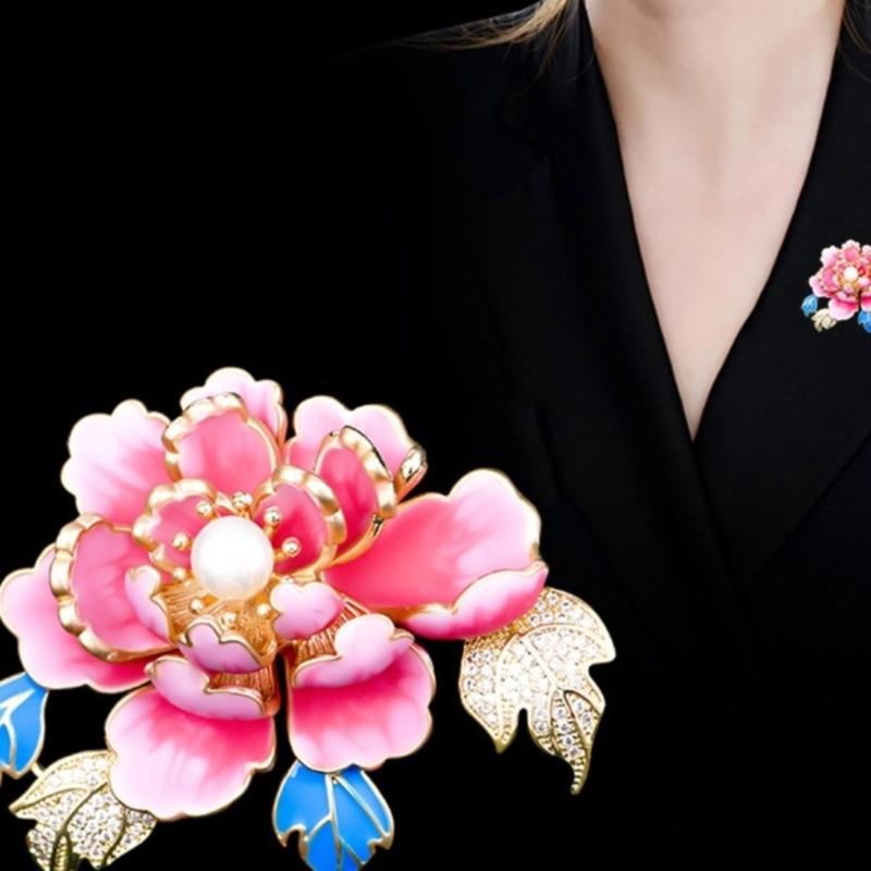 Dateless Peony Inspired Brooch Pin With Metallic Alloy Base Pearls Embellishment Unique Lapel Pin For Women Outfits