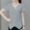 Fashion Casual Women Short Sleeve Irregular Shirt V Neck Stripe Tops Blouse