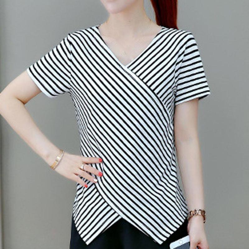 Fashion Casual Women Short Sleeve Irregular Shirt V Neck Stripe Tops Blouse