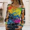 Plus Size Women Slanted Shoulder Long Sleeve Top Boho Abstract Floral Print Mesh Lace Splicing Blouse