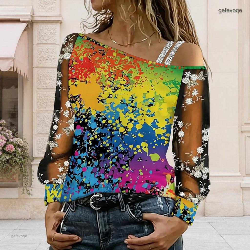 Plus Size Women Slanted Shoulder Long Sleeve Top Boho Abstract Floral Print Mesh Lace Splicing Blouse