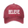 Believe Distressed College Lettering Typography Design Washed Baseball Cap Outdoor For Womens Unisex FeUnisex