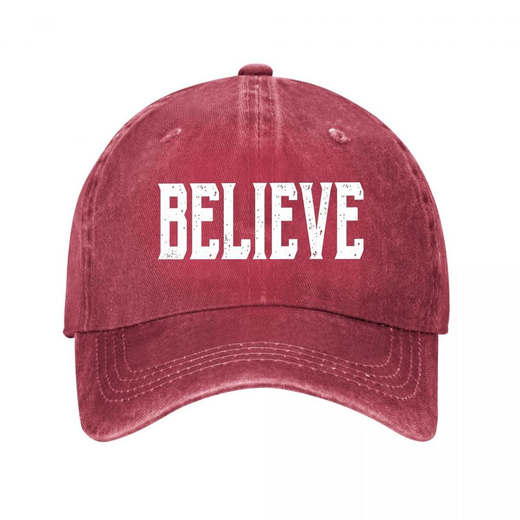 Believe Distressed College Lettering Typography Design Washed Baseball Cap Outdoor For Womens Unisex FeUnisex