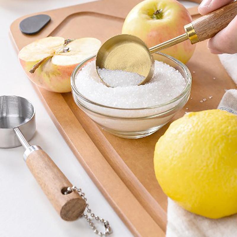 Stainless Steel Measure Spoon Flat Bottom Hangable Measuring Cup Rustproof With Wood Handle Kitchen Coffee Measure Tools