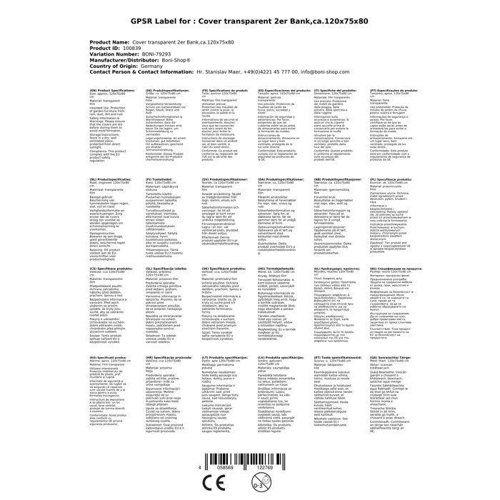 Housse de Protection Mobilier de Jardin, Banc 2 Places, Transparente, 120x75x80 cm