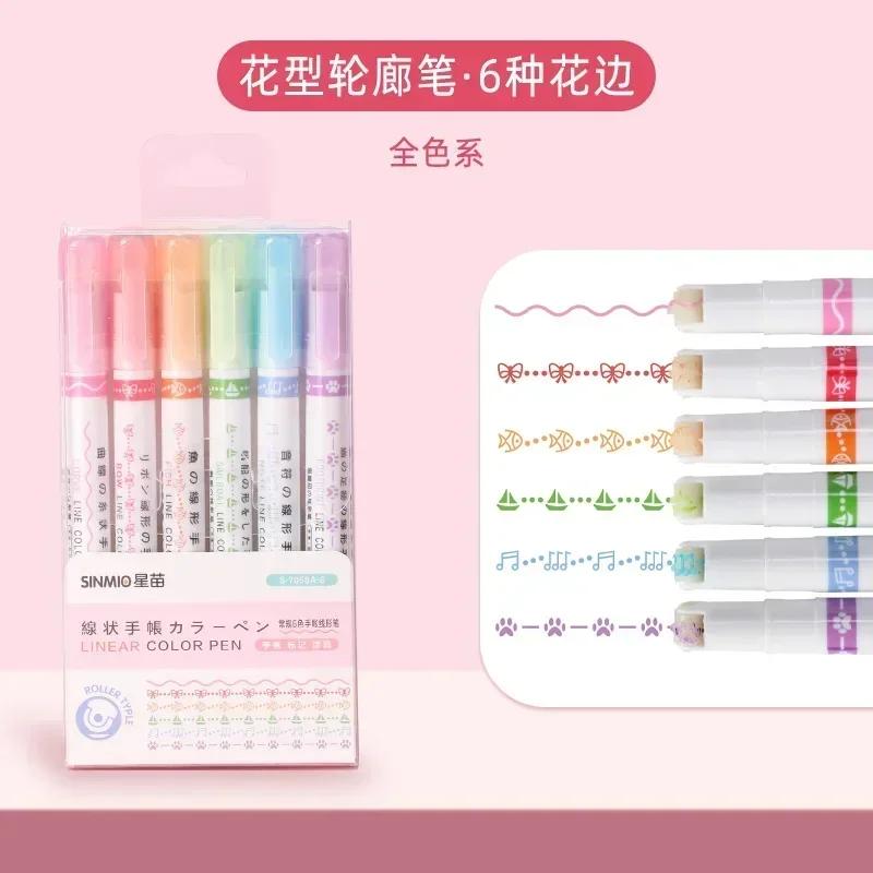 Non-Toxic 6Pcs/Set Art Drawing Doodling Stationery Flower Line Shape Highlighter Pen School Office Supplies Roller Tip Curve Liner Marker