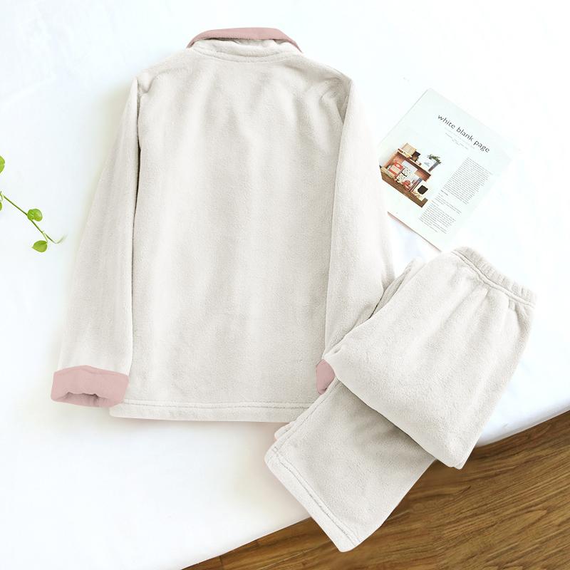 Ladies' Casual And Comfortable Round Neck Warm And Plush Home Clothes Cardigan Sleepwear And Pants Set