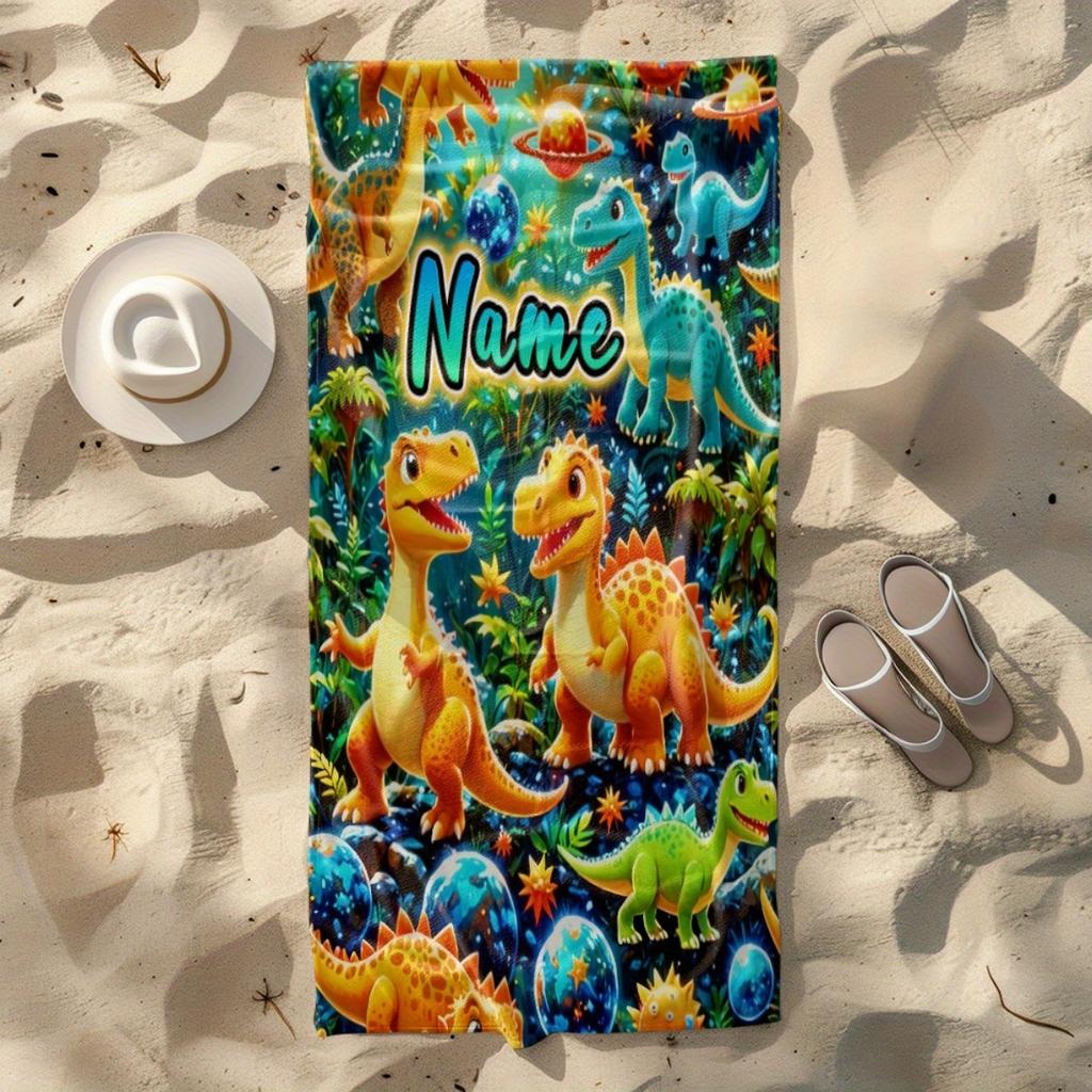 Asciugamano da Spiaggia Personalizzato con Cartone Animato di Dinosauro, Nome Personalizzato, Asciugamani da Bagno in Microfibra per Bambini, Morbido, Asciugatura Rapida, Telo Mare per Piscina