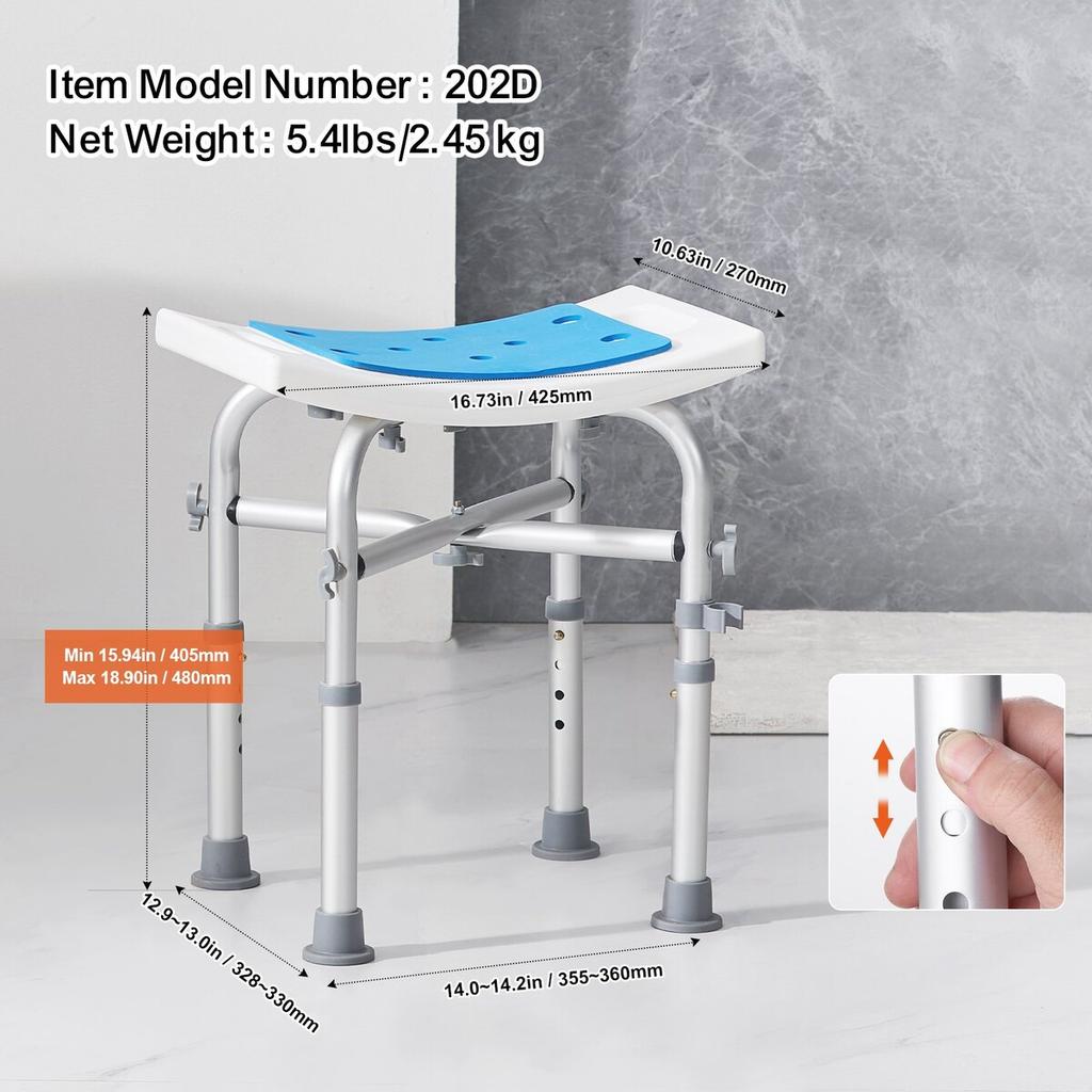 Shower Chair, Adjustable Height Shower Stool with Crossbar Support, Shower Seat for Inside Shower or Tub, Non-Slip Bench Bathtub Stool Seat for