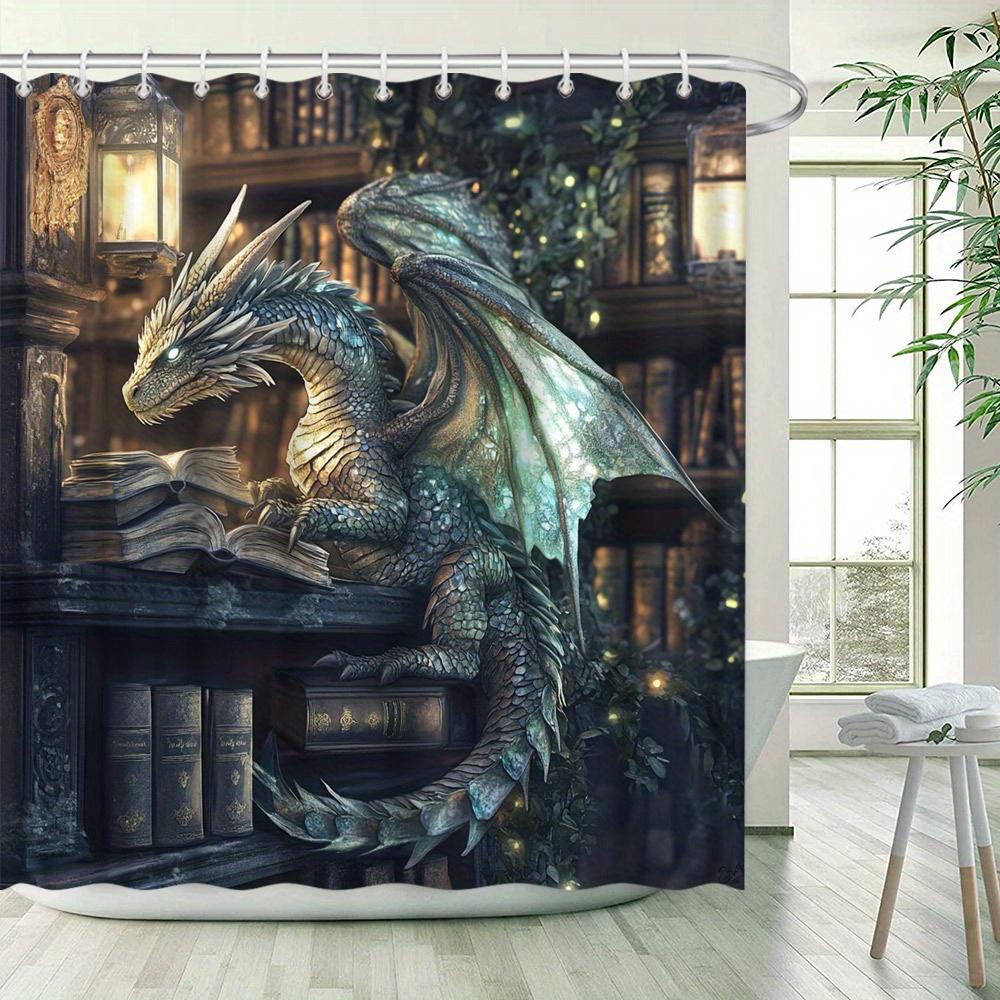 Mystical Dragon Shower Curtain - Blue-Green Scales, Translucent Wings, Illuminated Bookshelf, Warm Ambiance, Water-Resistant