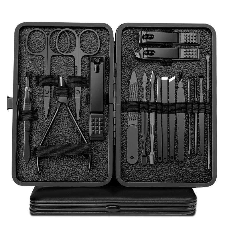Black Stainless Steel Nail Clipper Set with Dead Skin Nippers, Pedicure Knife, and Blackhead Needle.