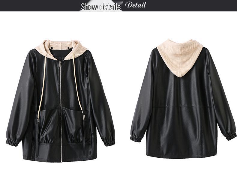 2024 Autumn Women's Fashion Detachable Hooded Knitted Leather Jacket WA8602