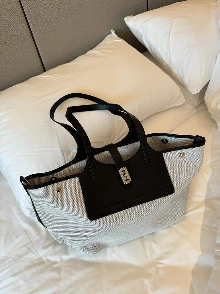 Niche Canvas Cowhide Tote Bag Large Capacity Wing Bun Mother Bag Casual Armpit Bag Women's Shoulder Bag