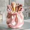Pen Holder Large Capacity Makeup Brush Storage Holder with Soft Pink Satin Texture Design Stable Base Organizer for Home Dormitory