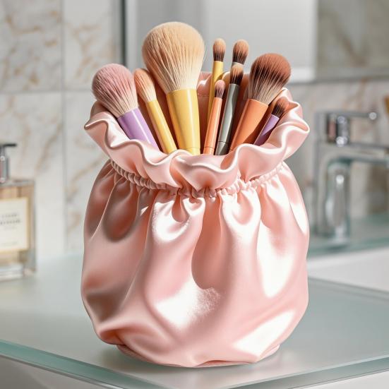 Pen Holder Large Capacity Makeup Brush Storage Holder with Soft Pink Satin Texture Design Stable Base Organizer for Home Dormitory